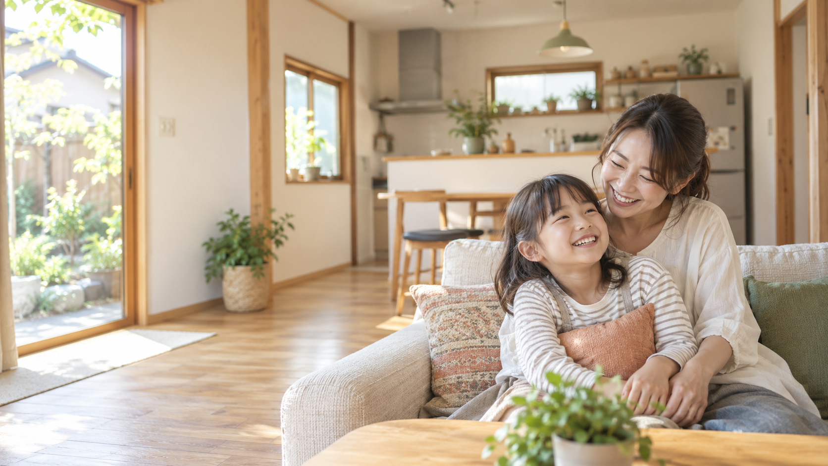 明るい住まいでくつろぐ母子のAI生成モデルイメージ